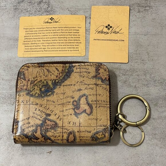 NWOB Patricia Nash Leather European Map Tan Trim RFID Zipped Wallet Keychain - Picture 1 of 7